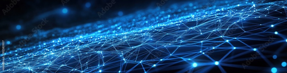 Poster abstract digital network background with glowing blue lines and dots.