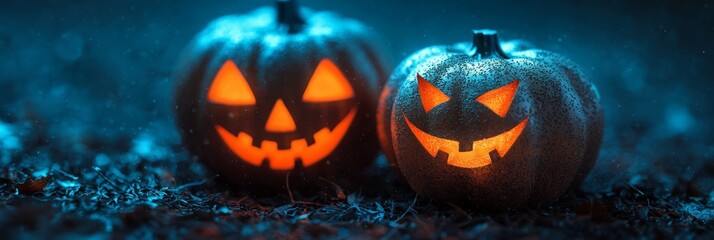 Fototapeta premium A few pumpkins atop a lush grass field, their jack-o-lantern faces aglow