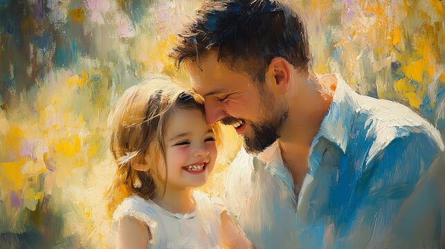 A joyful moment between a father and daughter, bright background.