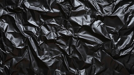Crumpled Black Plastic Poster Texture, a detailed background featuring rich black hues, intricate creases, and a tactile appearance ideal for graphic design and digital art projects.