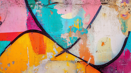 Fragment of colorful wall wall graffiti. Vibrant Abstract Graffiti Art on Urban Wall Canvas. The vibrant colors and artistic style evoke creativity and modern street culture.