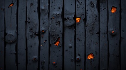 Dark textured wood background with glowing orange embers, isolated on white.