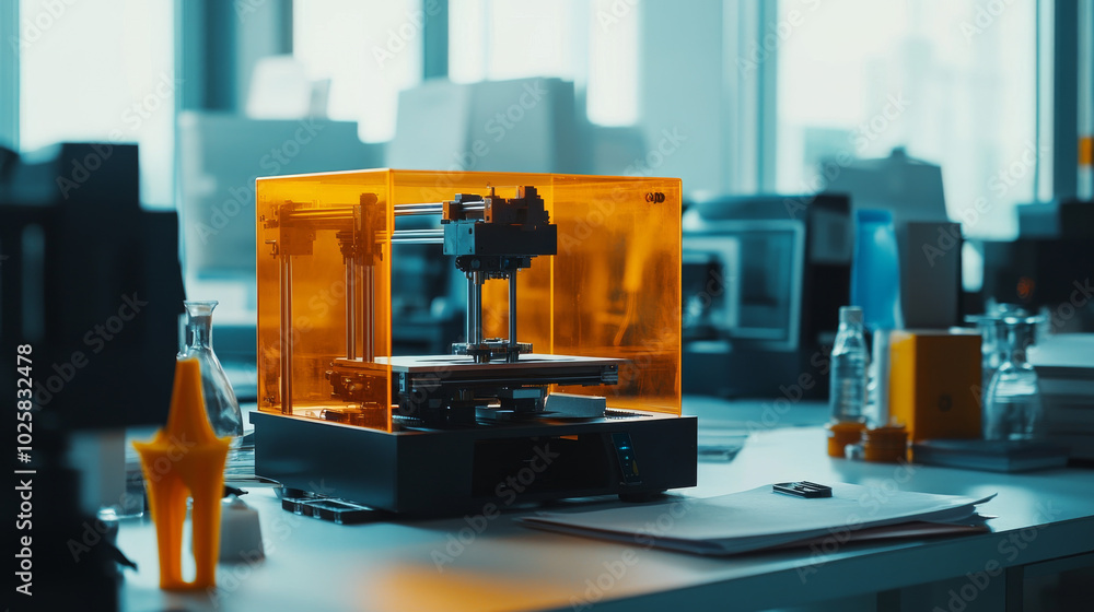 Poster an engineer's desk has a 3d printer. it's used to create prototypes of parts for businesses. the pri