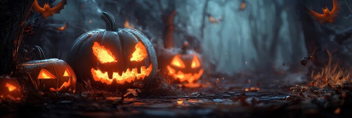 Fototapeta premium Jack O' Lanterns glow in the dark, surrounded by fallen leaves