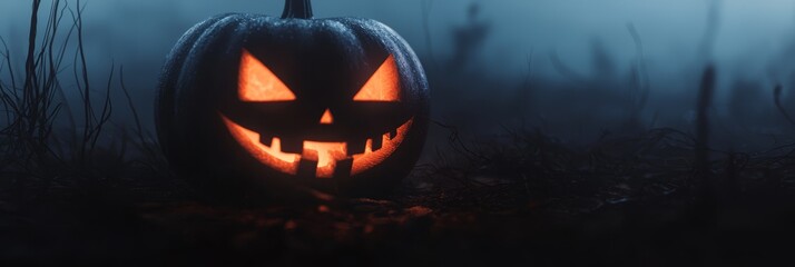  A jack-o-lantern pumpkin glowed in the dark of a eerie, creepy, creepy, creepy, creepy forest