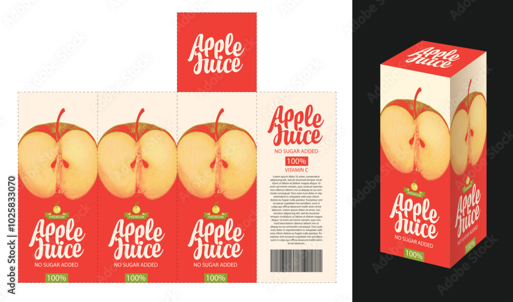 Poster vector mockup template of cardboard packaging box for apple juice with realistic pattern of apple.