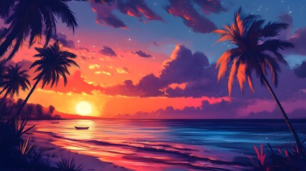 Obraz premium Palm Trees Silhouette at Sunset Over a Tropical Ocean