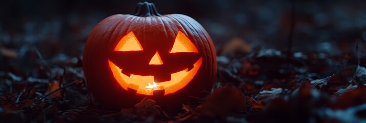 Obraz premium A carved jack-o-lantern sits in the midst of a leafy field, its glow illuminating the heart of this autumnal scene