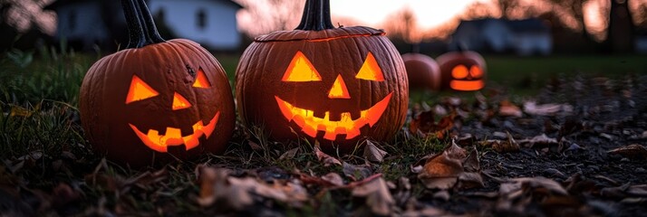  A cluster of carved pumpkins atop a grassy field, facing a residence