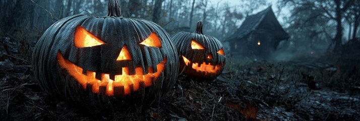 Fototapeta premium Two carved jack-o-lanterns in a spooky forest
