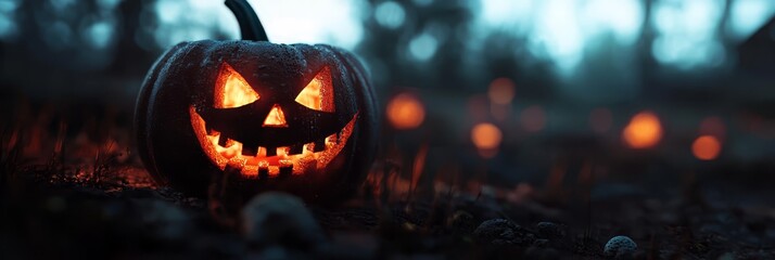  A jack-o-lantern pumpkin illuminates the dark with its frighteningly carved face