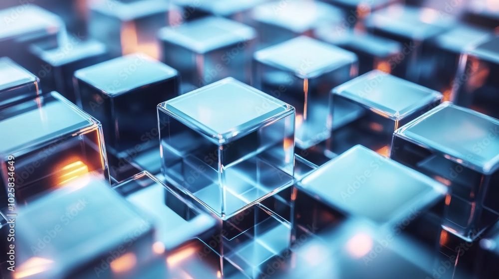 Poster blockchain technology is shown as blocks of glass, representing secure data storage and cryptocurren