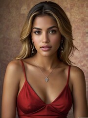 a sexy model in a red dress