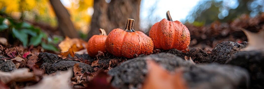  Three orange pumpkins atop a leafy mound in a forest, tree in backdrop
