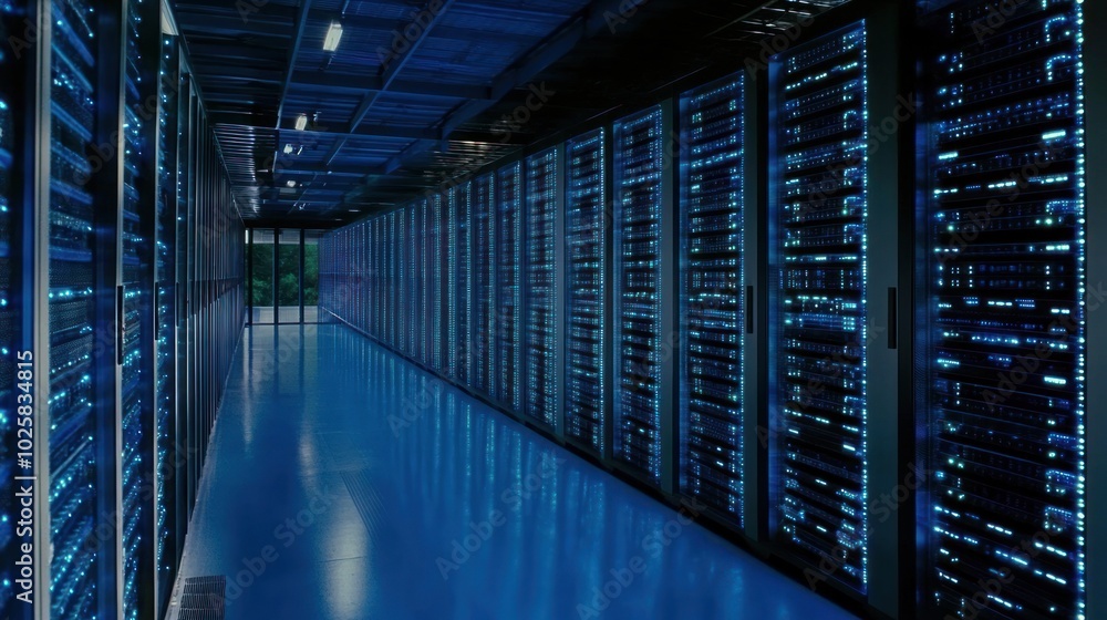 Poster Rows of illuminated server racks in a data center