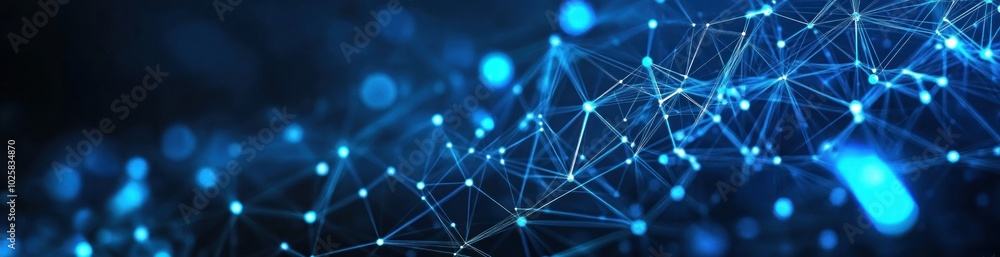 Poster abstract blue glowing network with connected dots and lines.