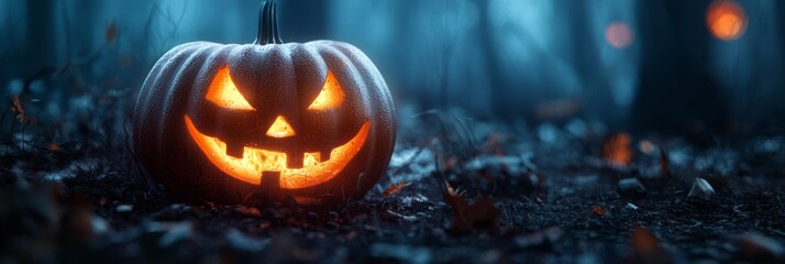 Fototapeta premium A carved jack-o'-lantern sits amidst a forest, surrounded by fallen leaves Background lights glow softly