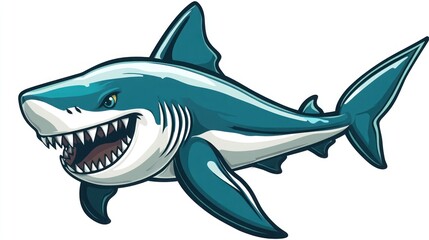 Fototapeta premium A cartoon illustration of a Great White Shark with a fierce expression, swimming with its mouth open and teeth showing.