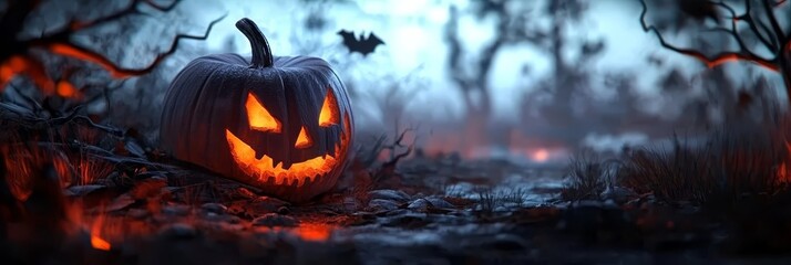 Fototapeta premium A Jack-o-lantern in a forest's heart,.Bats circle, shadows cast in flight.Full moon overhead, aglow so bright