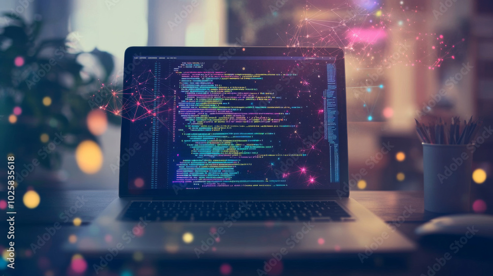 Poster a laptop with its screen open sits on a desk. the screen shows code, and there are colorful geometri