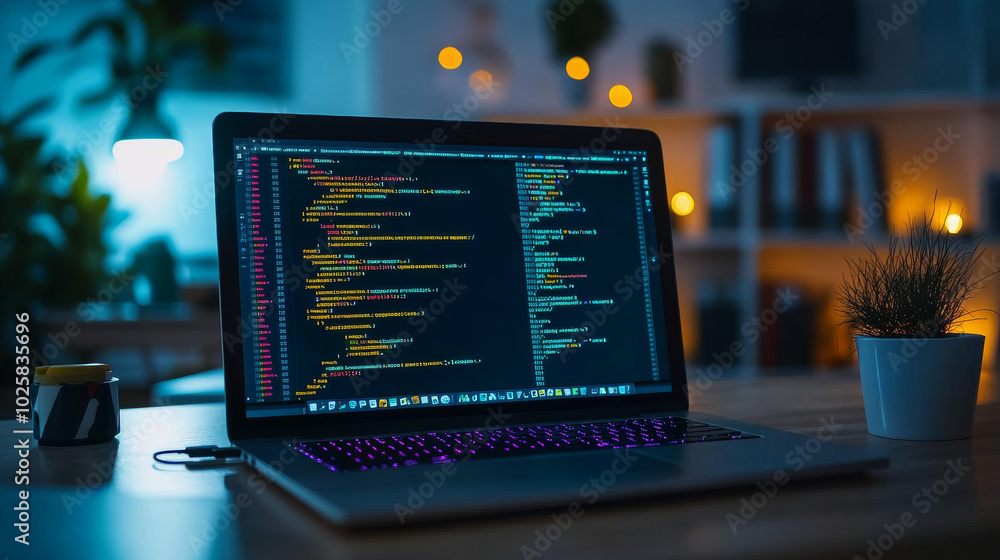 Poster a laptop with its screen open sits on a desk. the screen shows code, and there are colorful geometri