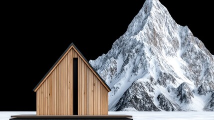 Modern wooden house isolated with a snowy mountain background.
