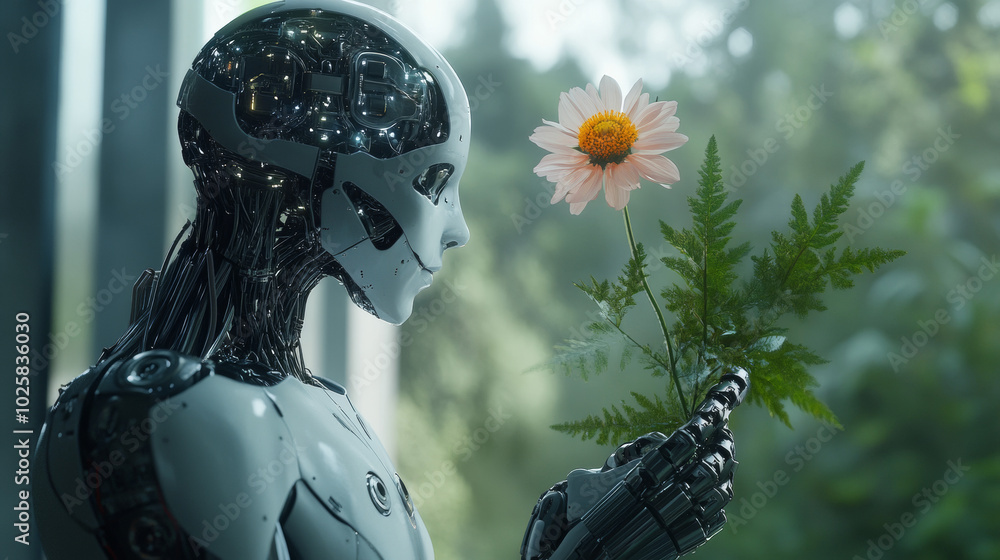 Poster a robot with a human-like head holds a robotic flower. this robot, or cyborg, is learning about the 