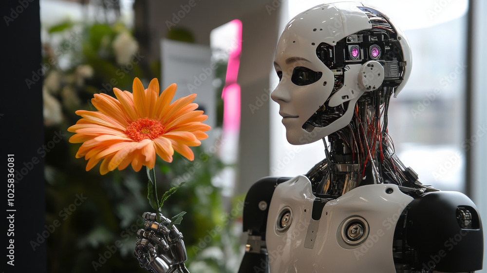 Poster a robot with a human-like head holds a robotic flower. this robot, or cyborg, is learning about the 