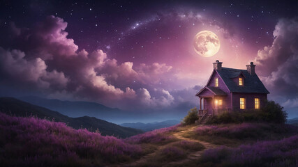 Enchanted purple house beneath a radiant moon in serene night landscape with glowing stars above.