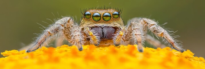  A tight shot of a jumping spider atop a yellow bloom, background softly blurred