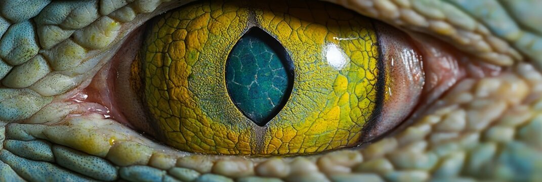  A close-up of a green and yellow reptile's eye
