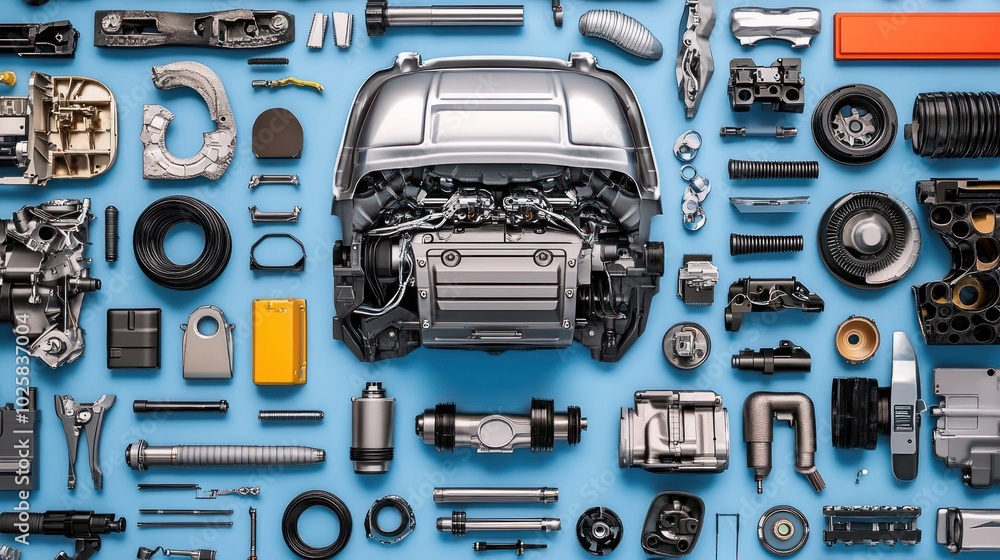 Poster disassembled car engine and components on a blue background