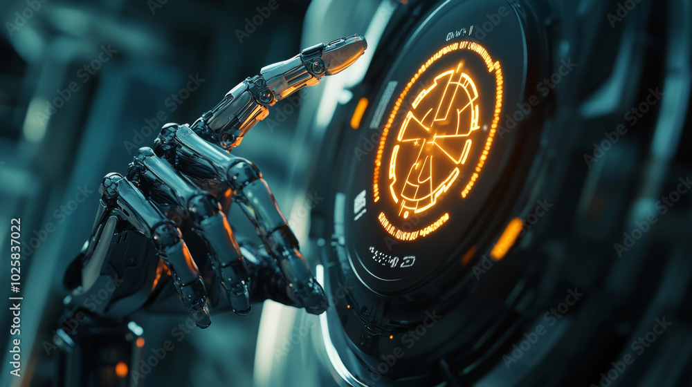 Poster  ai robot arm presses the index finger on the button with the icon of the nuclear danger. futuristic