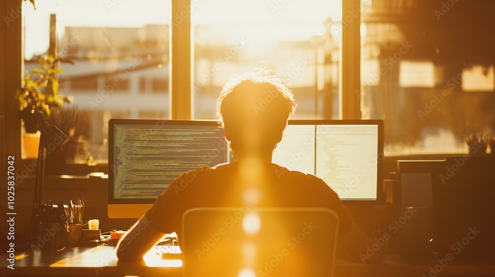 Poster a man sits at his desk in front of two computer monitors as the sun sets behind him.