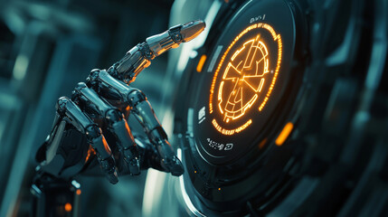  AI Robot arm presses the index finger on the button with the icon of the nuclear danger. futuristic concept. Set robot hand gesture.