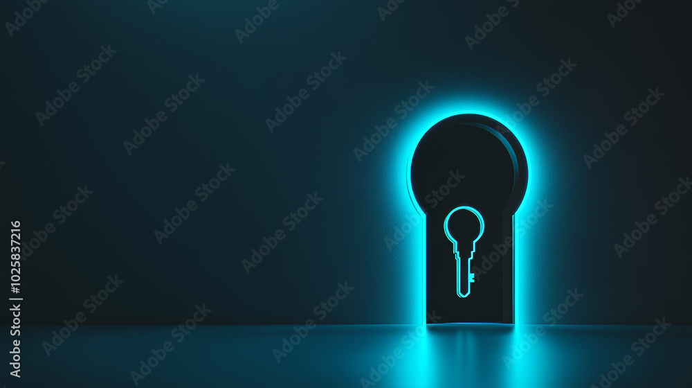 Poster a modern logo design featuring a neon keyhole against a blue background. this concept is perfect for