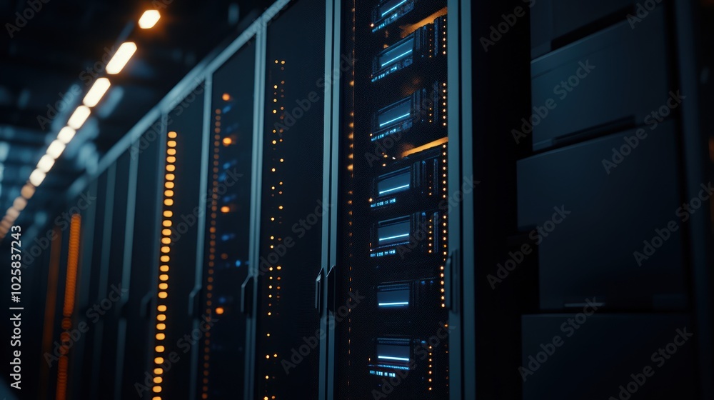 Poster Rows of Server Racks with Lights Illuminated in a Dark Data Center