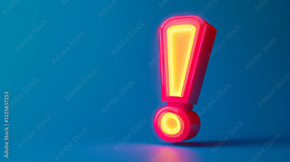 Poster a bright, neon exclamation mark stands out against a blue backdrop. this 3d image is perfect for add