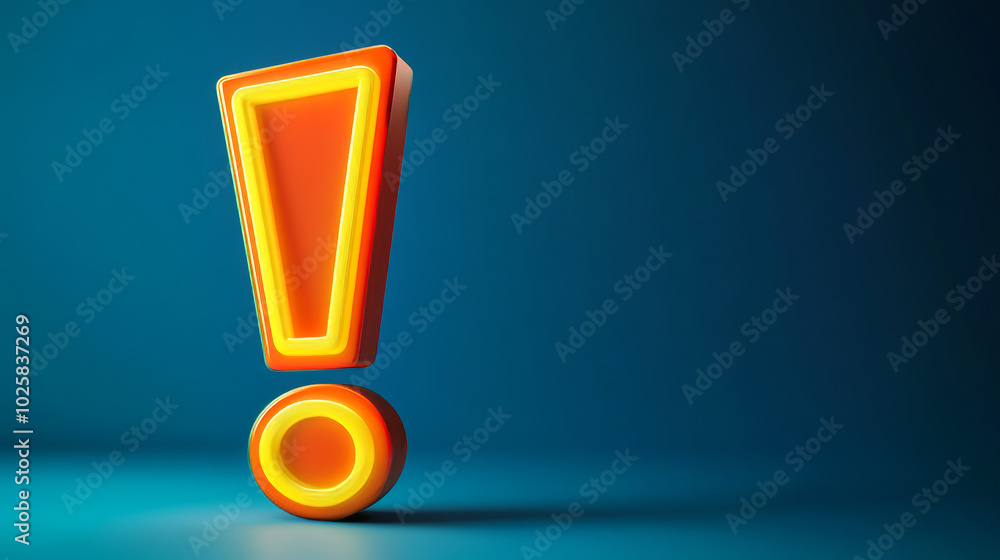 Poster a bright, neon exclamation mark stands out against a blue backdrop. this 3d image is perfect for add