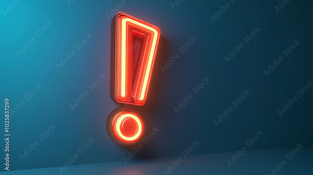 Poster a bright, neon exclamation mark stands out against a blue backdrop. this 3d image is perfect for add