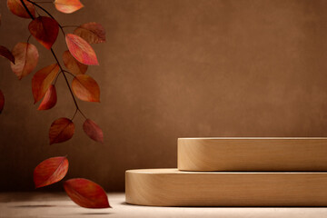 Natural wood podium and autumn leaves on brown table background. Fall season and thanksgiving mockup template for luxury product placement. Neutral aesthetic scene showroom.