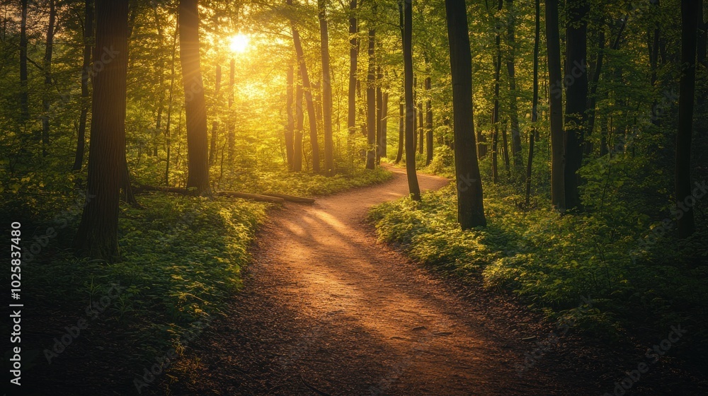 Poster a winding path through a lush green forest with sunlight filtering through the trees.