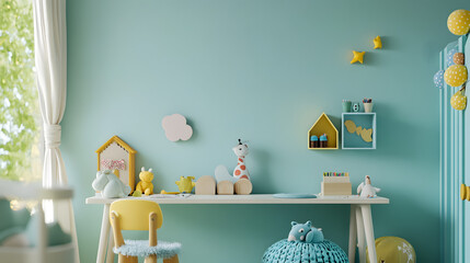 A child's bedroom with a blue wall and a white desk
