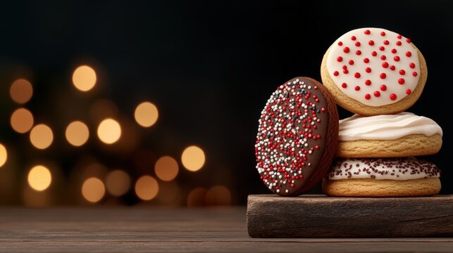 Stack of decorated cookies on a wooden board with a festive bokeh background