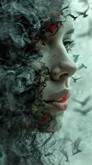 Surreal Portrait of a Woman with Smoke and Birds