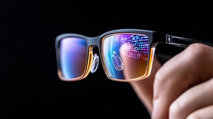 Stylish glasses reflecting digital data, isolated on a black background.