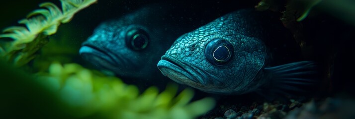 Fototapeta premium A tight shot of a fish gazing through a watery aperture, surrounded by a submerged plant
