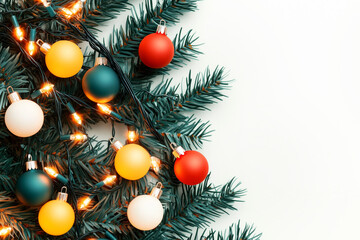 Obraz premium Christmas tree featuring green decorations, garland lights isolated on white background, celebrating the festive season