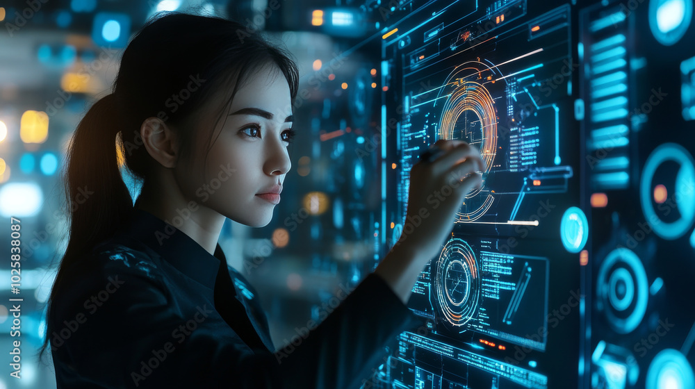 Poster a woman, possibly a robot or cyborg, uses a futuristic computer with a transparent screen. she's wor