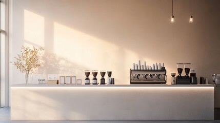 A professional coffee shop background for website, with a minimalist aesthetic, featuring a sleek coffee counter,